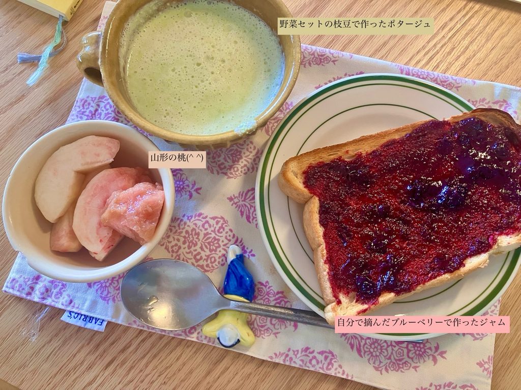 美味しかったある夏の日の朝ごはん
野菜セットの枝豆で作ったポタージュ
山形産の桃
自分で詰んだブルーベリーで作ったジャムを塗ったトースト